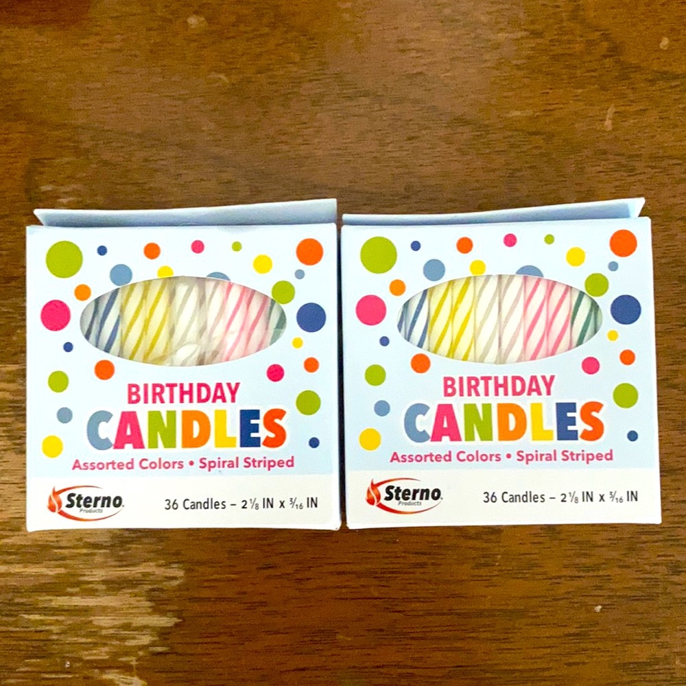 2 boxes of Sterno birthday candles for a total of 72 birthday candles.